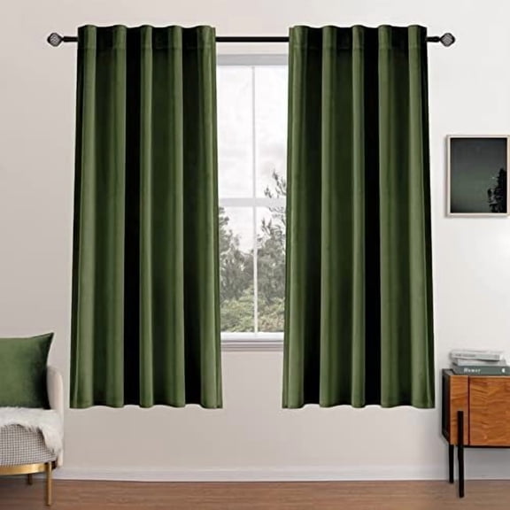 Velvet Curtains 63 inch Length 2 Panels - Luxury Blackout Curtains for Bedroom Living Room Thermal Insulated Super Soft Window Drapes Back Tab, Olive Green, W52 x L63 inches