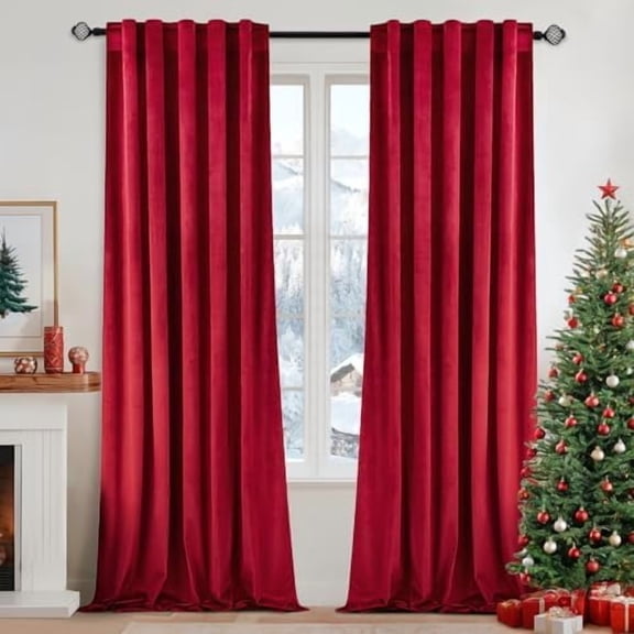 Velvet Curtains 63 inch Length - Luxury Blackout Curtains for Bedroom Living Room Thermal Insulated Super Soft Window Drapes Rod Pocket & Back Tab Christmas Decor, Red, 2 Panels