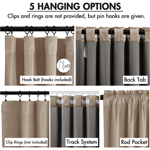 Velvet Curtains 96 Inches Long 2 Panels Set for Bedroom, Pinch Pleat Back Tab Thermal Insulated Living Room Darkening Drapes Pleated Blackout Floor to Ceiling Curtains with Hooks, Camel Beige