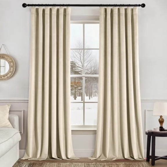 Velvet Curtains 96 Inches Long 2 Panels Set for Bedroom Pinch Pleat Back Tab Thermal Insulated Living Room Darkening Drapes Pleated Blackout Floor to Ceiling Curtains with Hooks Beige