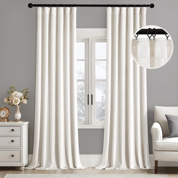 Velvet Curtains 96 Inches Long 2 Panels Set for Living Room Bedroom Cream Pinch Pleat Back Tab Thermal Insulated Light Blocking Drapes Pleated Blackout Floor to Ceiling with Hook Ivory