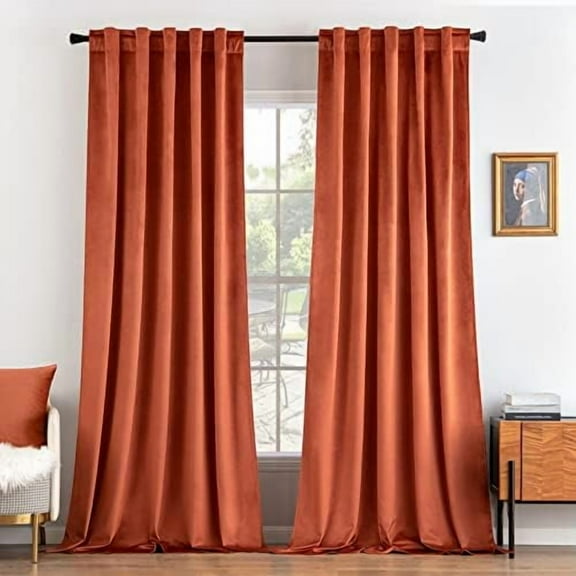 Velvet Curtains 96 inches 2 Panels - Luxury Burnt Orange Blackout Curtains for Bedroom Living Room Thermal Insulated Super Soft Window Drapes Rod Pocket & Back Tab, Terracotta Rust Fall Decor