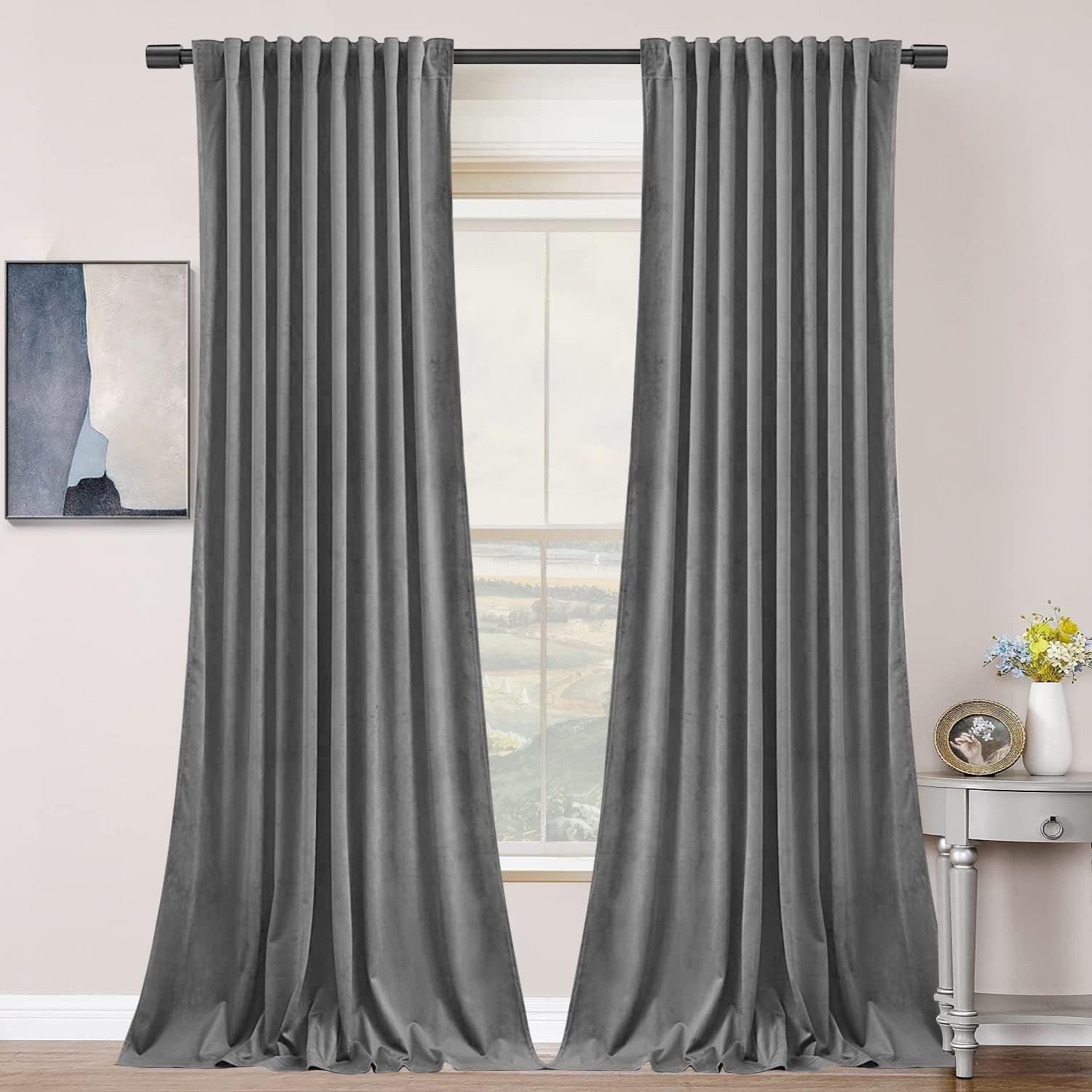 Velvet Curtains with Back Tab and Rod Pocket Soft Privacy Light Filtering Velvet Drapes for Bedroom and Living Room, Set of 2 Panels