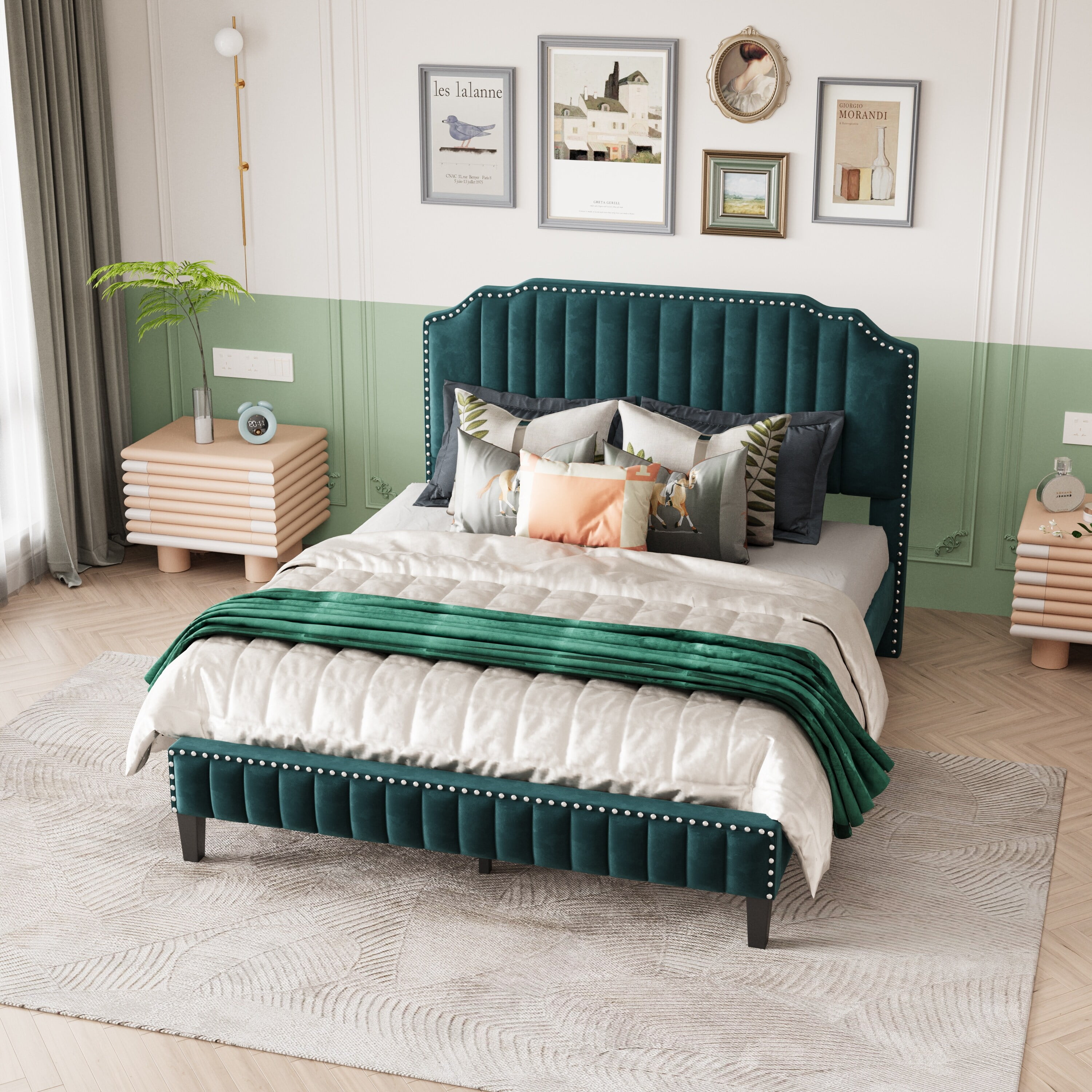 Velvet Curved Solid Wood Bed Frame Queen