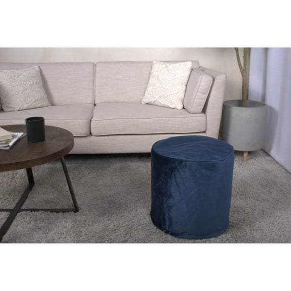 Velvet Cylinder Pouf In Blue, 16"x16"x16", And Floor Cushion, 200lbs Weight Limit, Spot Clean, Filling Blue , 16x16x16 Inches, 200lb Capacity, Beads Filled