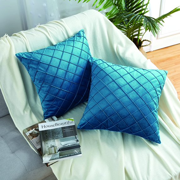 Velvet Decorative Pleated Throw Pillow Covers Soft Solid Square Cushion Case for Couch, Pack of 2, 20"x20", Geometric-teal
