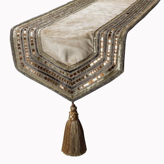 Velvet Decorative Table Runner, Luxury Fabric with Bead Embroidery and Tassels 14 inch wide x 120 inch extra long Wedding Decor Cream & Beige Designer Handmade Table Runner - Elegance
