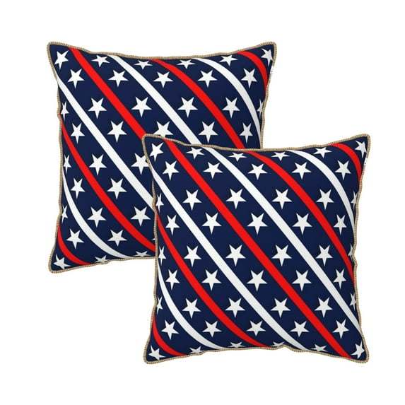 Velvet Decorative Throw Pillow Covers Set of 2, Soft Square Cushion Cover with Invisible Zipper Patriotic Red White Blue Stars Strips Printing, 18"x18"