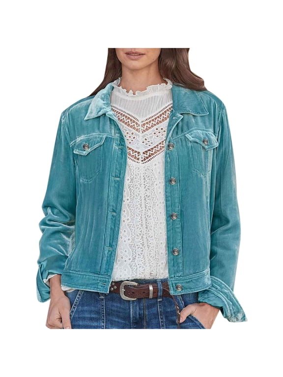 Velvet Denim Jacket Womens Vintage Trucker Jacket Button Down Cropped Cargo Office Shacket Tops Winter Casual Coats