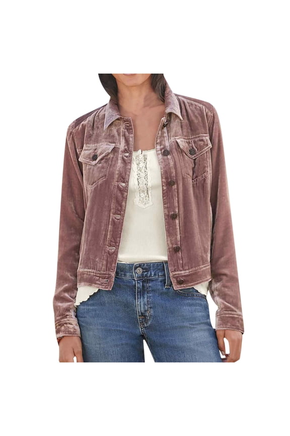 Velvet Denim Jacket Womens Vintage Trucker Jacket Button Down Cropped Cargo Office Shacket Tops Winter Casual Coats