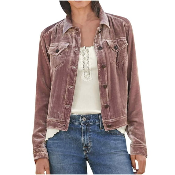 Velvet Denim Jacket Womens Vintage Trucker Jacket Button Down Cropped Cargo Office Shacket Tops Winter Casual Coats