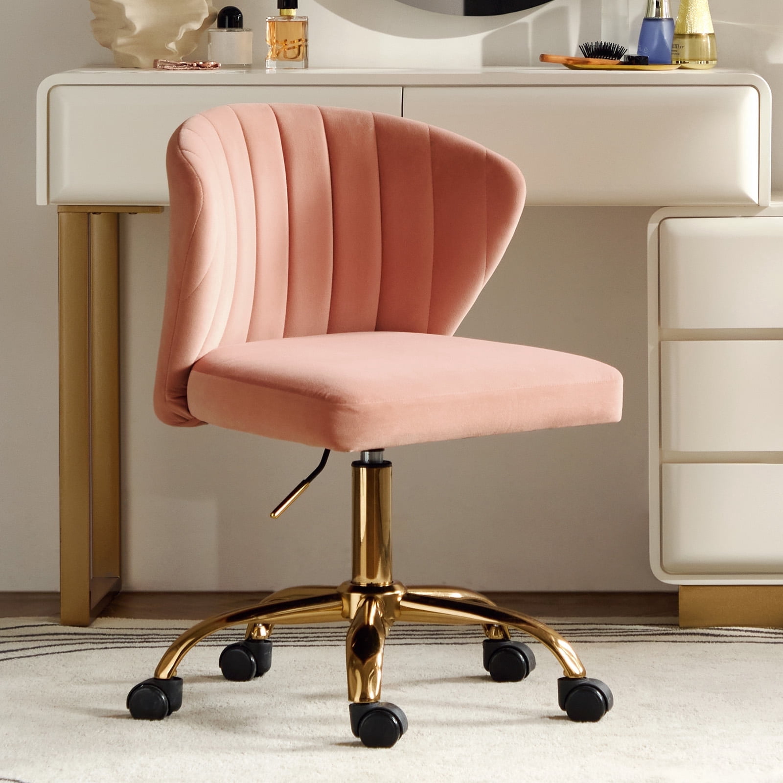 Tina's Home Pink Velvet Swivel Office Chair with Gold Legs, Adjustable Height Rolling Desk Chair for Vanity
