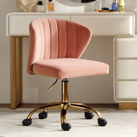 Tina's Home Pink Velvet Swivel Office Chair with Gold Legs, Adjustable Height Rolling Desk Chair for Vanity
