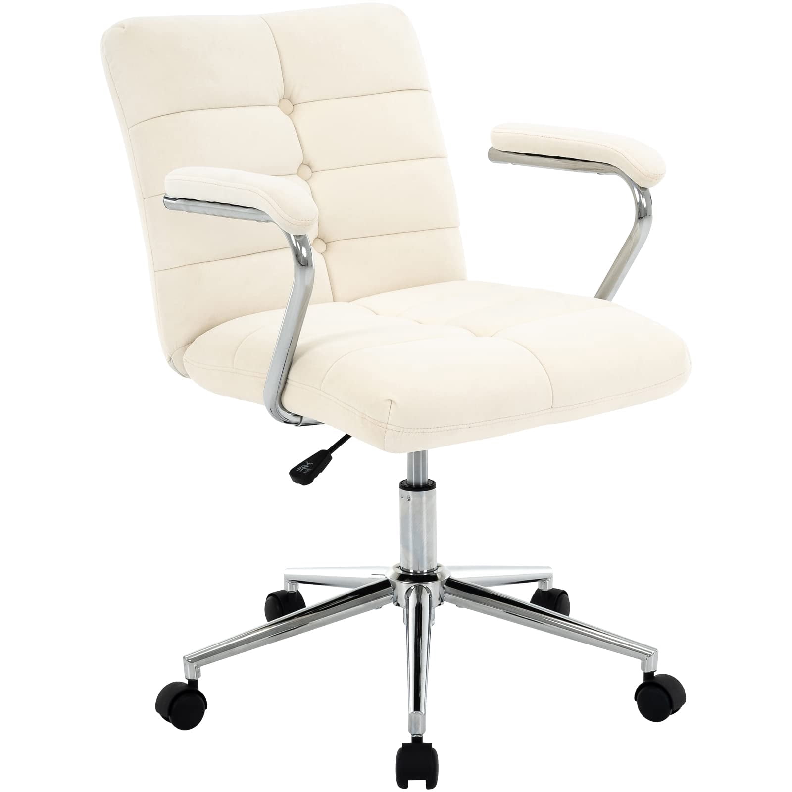 Velvet Desk Chair with Arms, Adjustable Height Home Office Chair, Mid-Back Upholstered Vanity Chair with 360° Swivel and Wheels for Living Room or Study, Beige