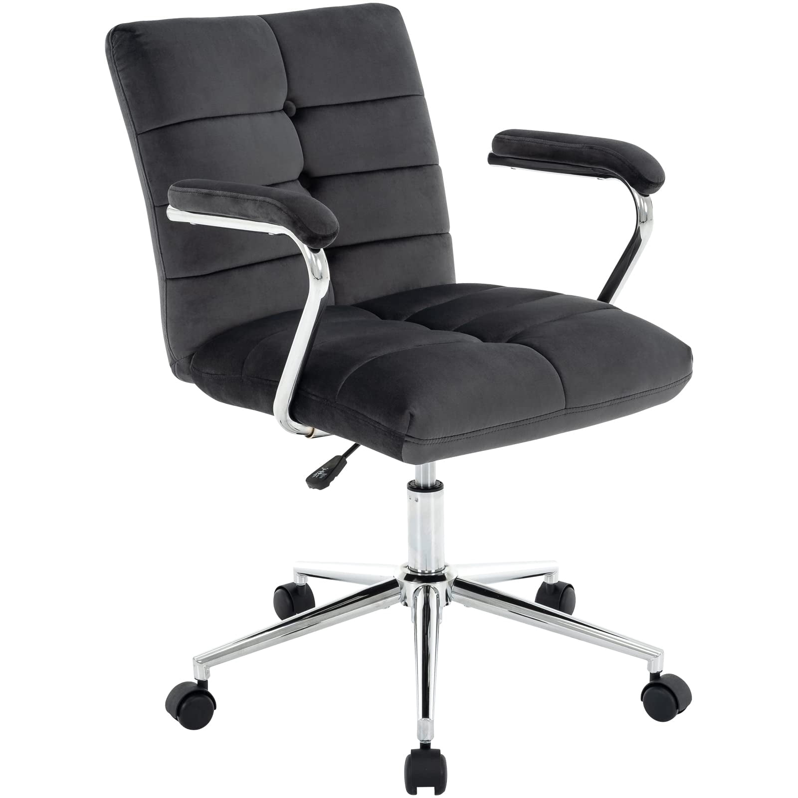 Velvet Desk Chair with Arms, Adjustable Height Home Office Chair, Mid-Back Upholstered Vanity Chair with 360° Swivel and Wheels for Living Room or Study, Black