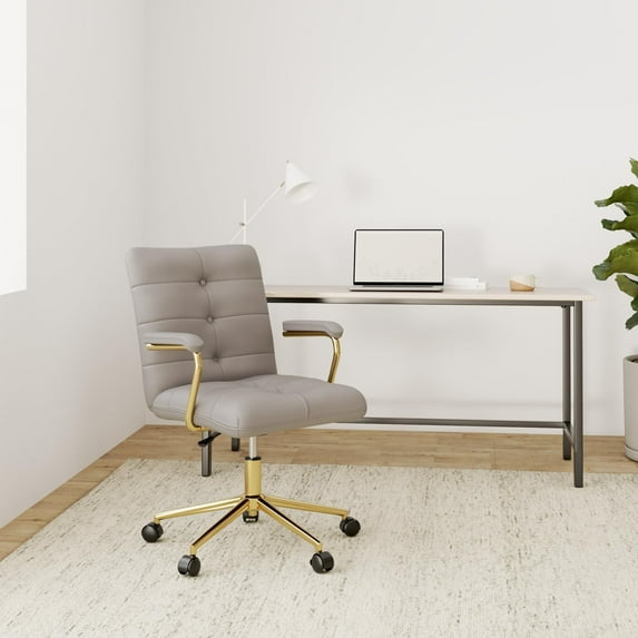 Velvet Desk Chair with Arms, Adjustable Height Home Office Chair, Mid-Back Upholstered Vanity Chair with 360° Swivel and Wheels for Living Room or Study, Grey