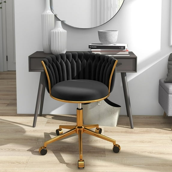 Velvet Desk Chair, Modern Office Chair with Wheels, Home Swivel Vanity Armchair with Woven Back Comfy Height Adjustable Seat Sturdy Golden Metal Rolling Base for Makeup Bedroom, Black