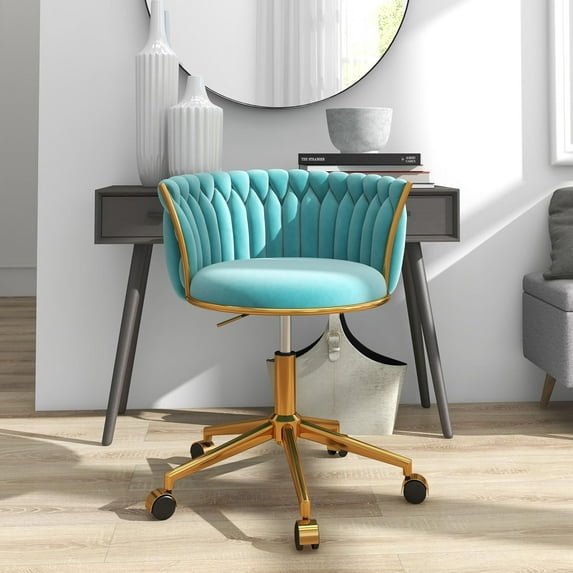Velvet Desk Chair, Modern Office Chair with Wheels, Home Swivel Vanity Armchair with Woven Back Comfy Height Adjustable Seat Sturdy Golden Metal Rolling Base for Makeup Bedroom, Light Blue