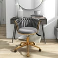 thumbnail image 1 of Velvet Desk Chair, Modern Office Chair with Wheels, Home Swivel Vanity Armchair with Woven Back Comfy Height Adjustable Seat Sturdy Golden Metal Rolling Base for Makeup Bedroom, Light Grey, 1 of 18