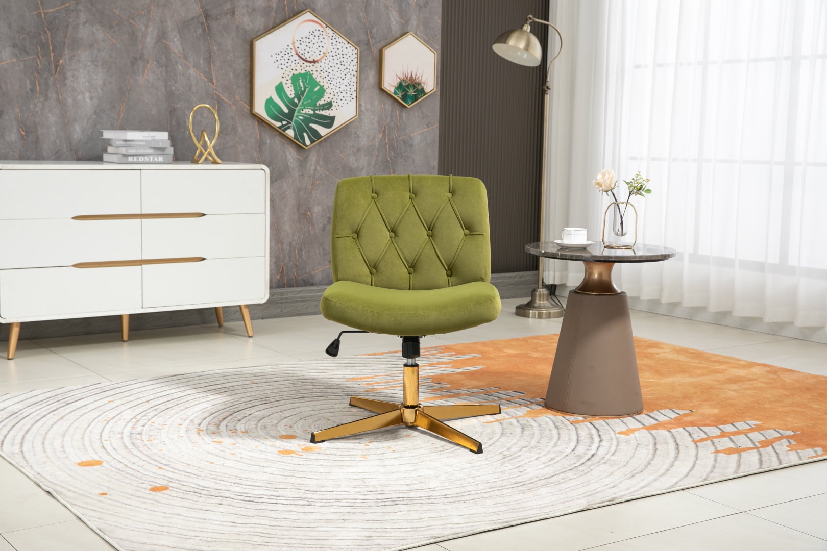 Velvet Desk Chair No Wheels, Height Adjustable Armless Office Chair