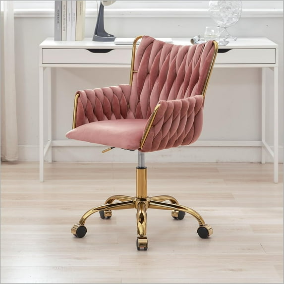 Velvet Desk Chair, Woven Office Chair with Wheels, Modern Swivel Chairs with Wheels Height Adjustable Seat, Tufted Backrest Armrest Golden Base for Women Girl Vanity Bedroom, Rose Red