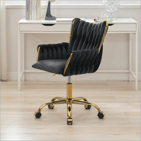 Velvet Desk Chair, Woven Office Chair with Wheels, Modern Swivel Chairs with Wheels Height Adjustable Seat, Tufted Backrest Armrest Golden Base for Women Girl Vanity Bedroom, Black