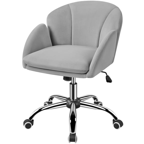 Velvet Desk Chair w/ Armrests, Modern Swivel Rolling Office Chair, Cute Home Seating, Makeup Vanity Stool w/ Petal Back Support, Height Adjustable Task Chair for Bedroom & Study, Light Gray