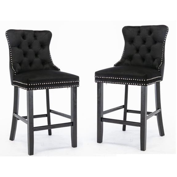 Set of 2 Velvet Dining Bar Chairs Contemporary Velvet Upholstered Barstools with Button Tufted Decoration and Wooden Legs, Luxury Tufted Back with Nailed Trim and Back Ring Pull