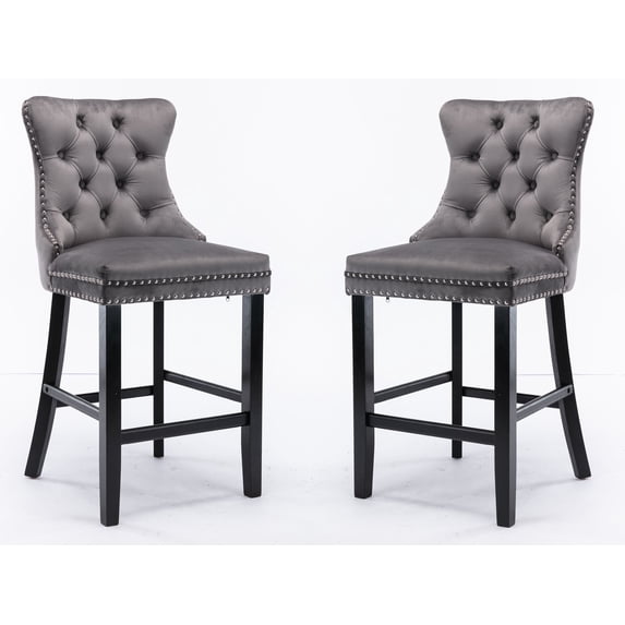 Set of 2 Velvet Dining Bar Chairs Contemporary Velvet Upholstered Barstools with Button Tufted Decoration and Wooden Legs, Luxury Tufted Back with Nailed Trim and Back Ring Pull