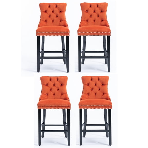Set of 4 Velvet Dining Bar Chairs Contemporary Velvet Upholstered Barstools with Button Tufted Decoration and Wooden Legs, Luxury Tufted Back with Nailed Trim and Back Ring Pull