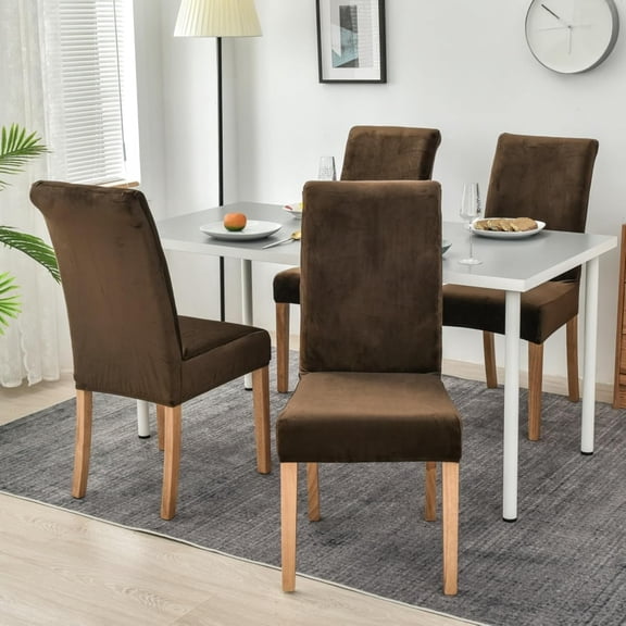 Velvet Dining Chair Covers Set of 4 6, Stretch Large Chair Slipcovers for Dining Room Soft Parson Chair Seat Covers Chair Protectors Washable (Coffee,4)