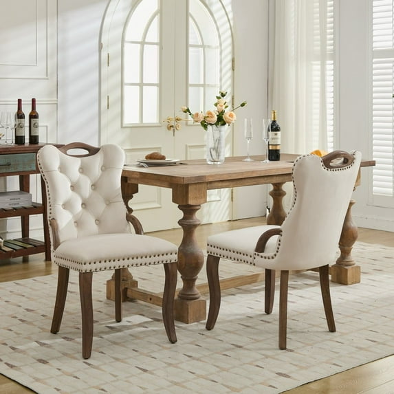 Velvet Dining Chair with Handmade Tufted Trim, Solid Wood Handles on Top and Sides, Vintage Copper Nail Decoration, Curved Solid Wood Legs, Elegant Overall Shape,Set of 2