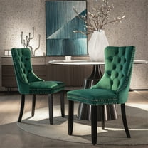 Velvet Dining Chair Set of 2, Modern High-end Button Tufted Accent Chairs Side Chair with Nailhead Trim & Solid Wood Leg & Pull Ring, Comfy Upholstered Armless Table Chair Dining Room Chairs, Green