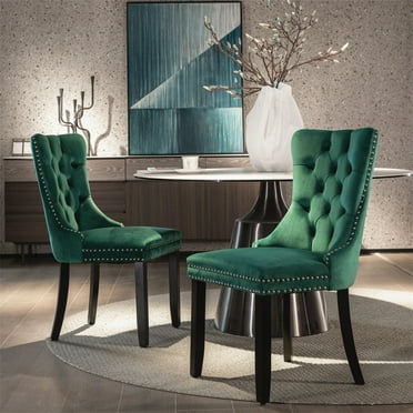 Velvet Dining Chair Set of 2, Modern High-end Button Tufted Accent Chairs Side Chair with Nailhead Trim & Solid Wood Leg & Pull Ring, Comfy Upholstered Armless Table Chair Dining Room Chairs, Green