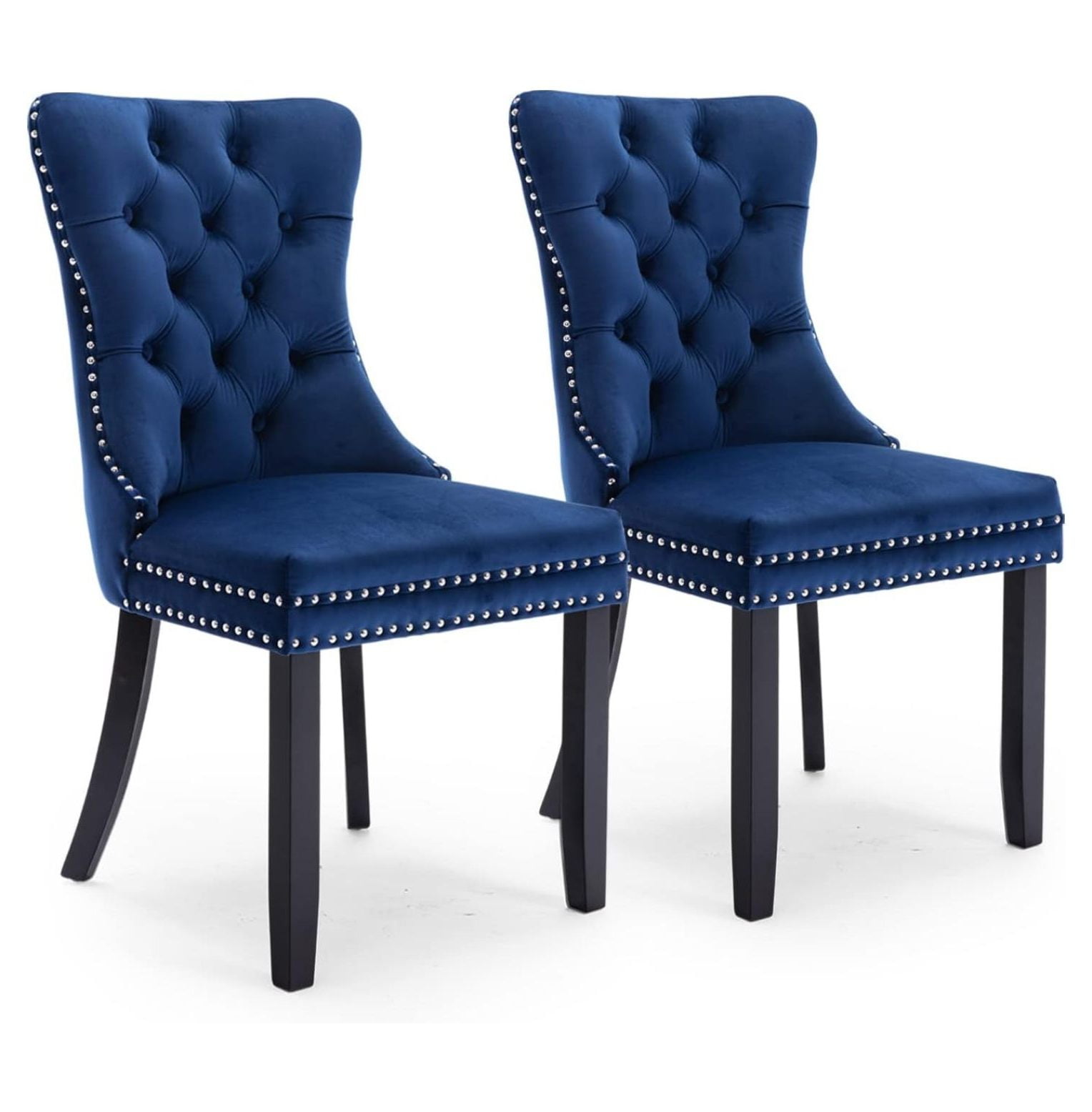 Blue Velvet Upholstered Dining Chairs with Wood Legs, Set of 2