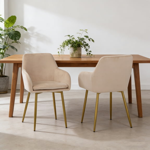 Velvet Dining Chair Set of 2 with Gold Metal Legs, Poved seats for Kitchen Living Room Vanity, Beige