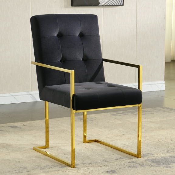 Velvet Dining Chair With Gold Finish Base - Black Color Arm In Velvet, Black, Golden Stainless Base, Easy Assembly