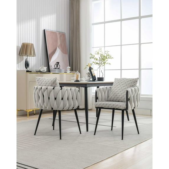 Velvet Dining Chairs, Modern Dining Chair with Black Metal Legs, Hand Weaving Upholstered Dining Chairs, Accent Desk Chair for Dining Room, Kitchen, Vanity, Living Room(Beige,Set of 2)