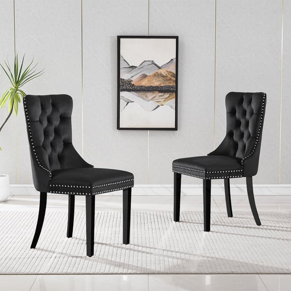 Velvet Dining Chairs Set of 2, Black Wooden Legs, Modern Tufted Velvet Upholstered Backrest with Nailhead Trim, Wing Back with Back Ring Pull, for Dining Room, Living Room, Office