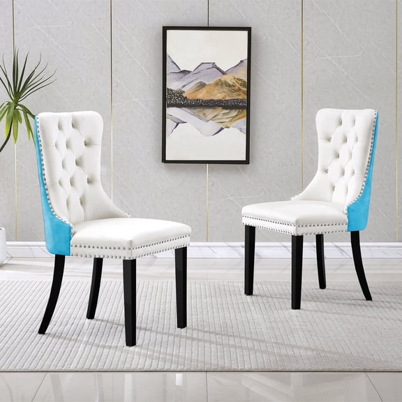 Velvet Dining Chairs Set of 2, Black Wooden Legs, Modern Tufted Velvet Upholstered Backrest with Nailhead Trim, Wing Back with Back Ring Pull, for Dining Room, Living Room, Office