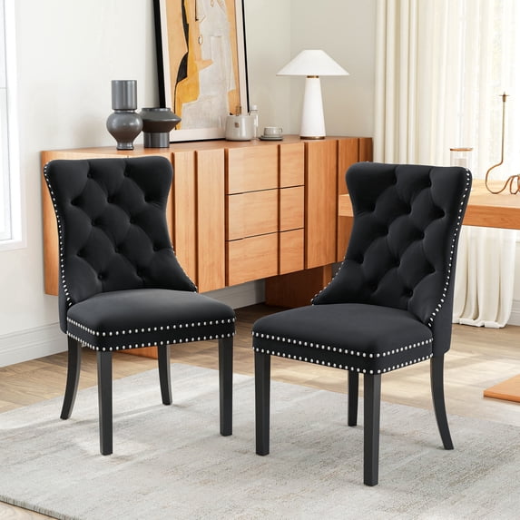 Velvet Dining Chairs Set of 2, Black Wooden Legs, Modern Tufted Velvet Upholstered Backrest with Nailhead Trim, Wing Back with Back Ring Pull, for Dining Room, Living Room, Office