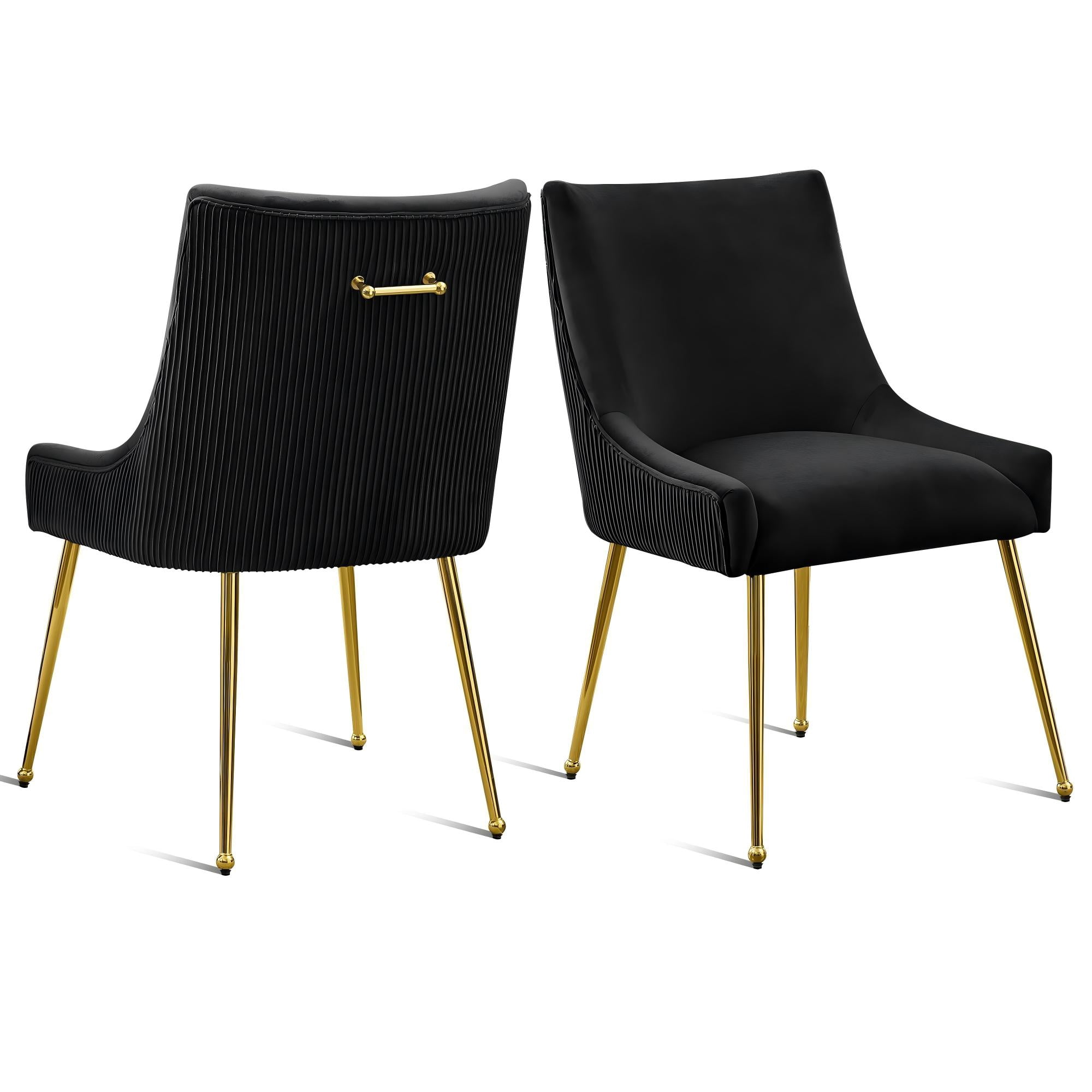 Velvet Dining Chairs Set of 2 with Gold Legs, Upholstered Accent Chairs, Pleated Back & Gold Pull Handle, Mid-Century Modern for Dining Room, Kitchen, Living Room, Black