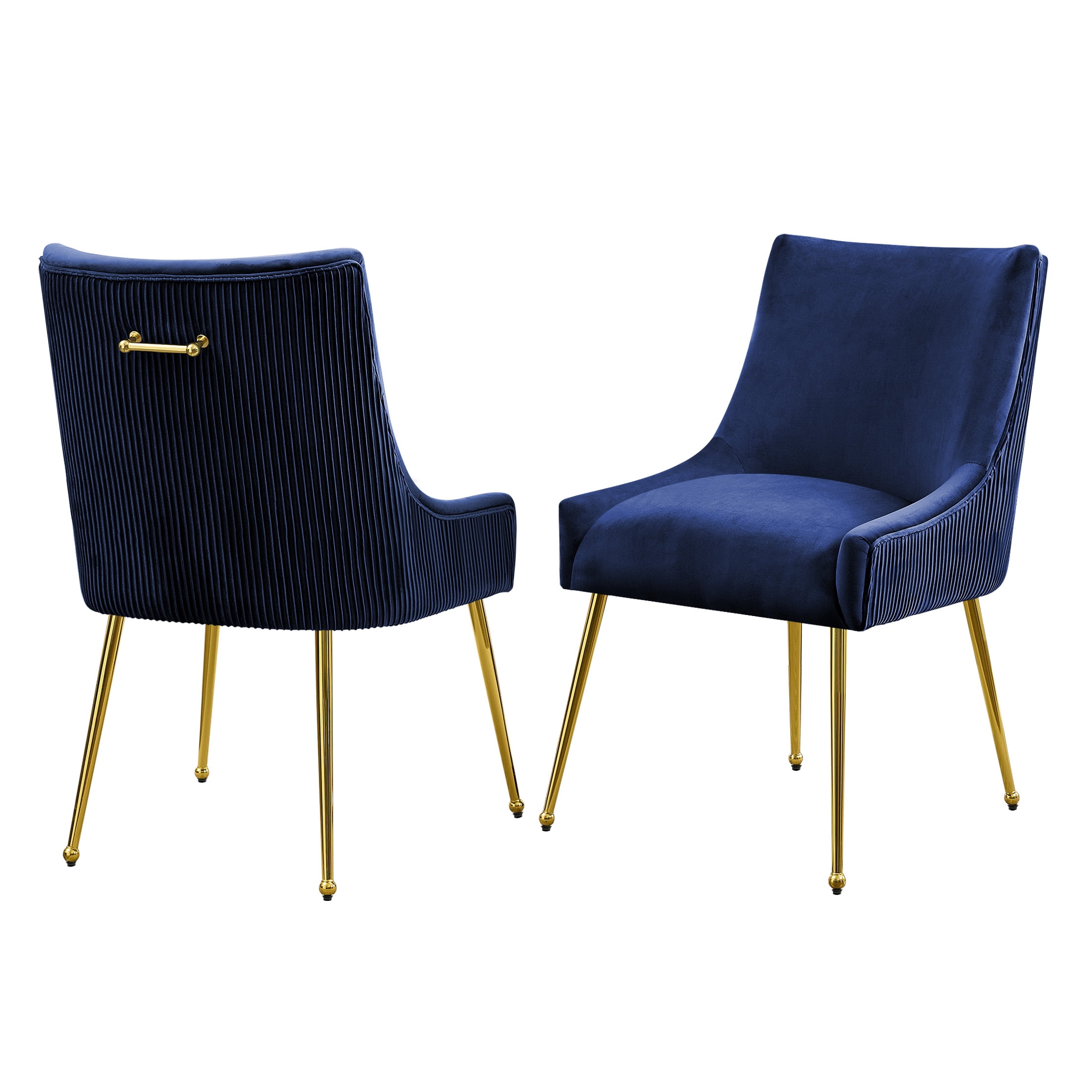 Velvet Dining Chairs Set of 2 with Gold Legs, Upholstered Accent Chairs, Pleated Back & Gold Pull Handle, Mid-Century Modern for Dining Room, Kitchen, Living Room, Blue