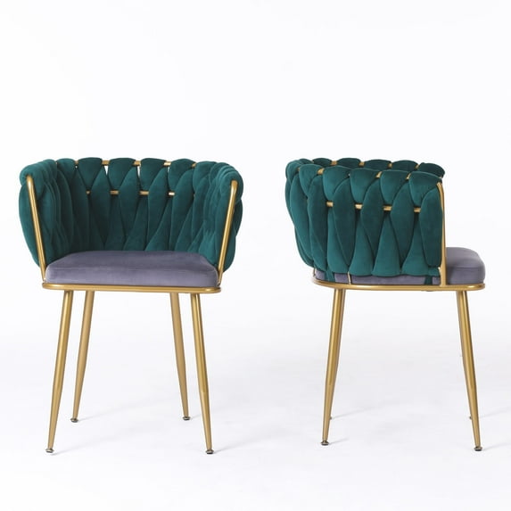 Velvet Dining Chairs Set of 2,Modern Hand Weaving Accent Chairs with Golden Metal Legs,Upholstered Side Armchair with Backrest for Home Office Bedroom Living Room, Kitchen Vanity Patio.Dark Green
