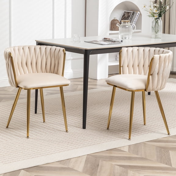 Velvet Dining Chairs Set of 2, Modern Woven Upholstered Accent Side Chairs, Dining Room Kitchen Chairs with Sturdy Gold Metal Legs, Indoor Armless Guest Chairs for Living Room, Banquet(Beige)