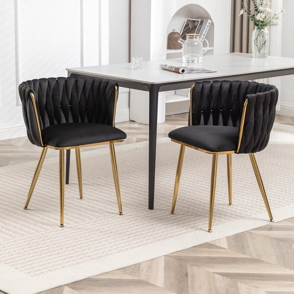 Velvet Dining Chairs Set of 2, Modern Woven Upholstered Accent Side Chairs, Dining Room Kitchen Chairs with Sturdy Gold Metal Legs, Indoor Armless Guest Chairs for Living Room, Banquet(Black)