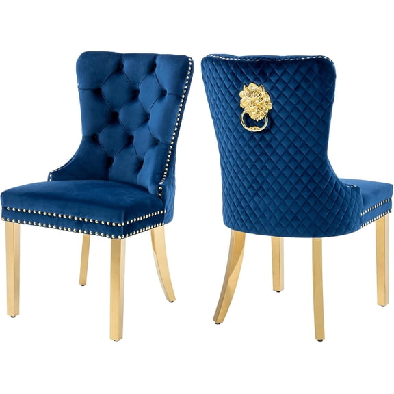 Velvet Dining Chairs Set of 2, Nikki Collection Dining Room Chairs with Gold Stainless Steel Legs and Lion Head Pull Ring, Luxury Side Chair with Nailhead Trim and Button Tufted Back, Blue