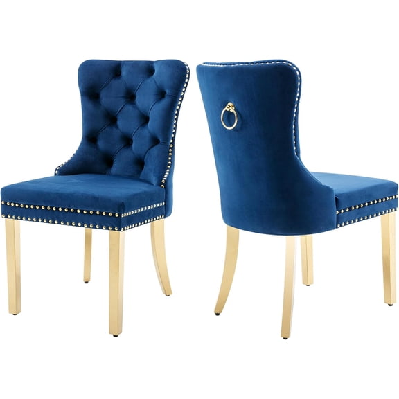 Velvet Dining Chairs Set of 2, Nikki Collection Dining Room Chairs with Golden Stainless Steel Legs and Pull Ring, Luxury Side Chair with Nailhead Trim and Button Tufted Back, Blue