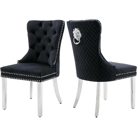 Velvet Dining Chairs Set of 2, Nikki Collection Dining Room Chairs with Silver Stainless Steel Legs and Lion Head Pull Ring, Luxury Chair with Nailhead Trim and Button Tufted Back, Black