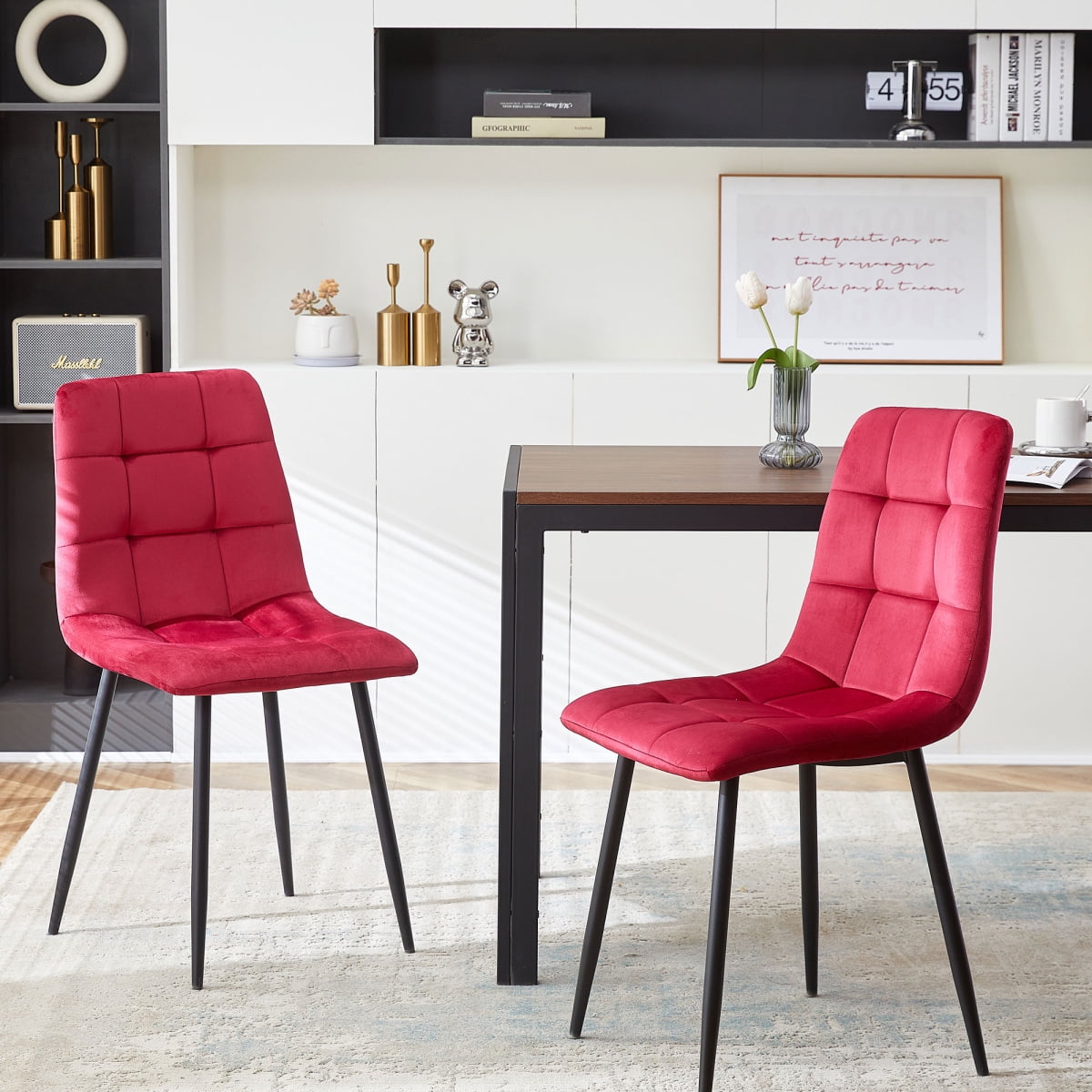 Velvet Dining Chairs Set of 2, Upholstered Reception Chairs with Metal Legs & Tufted Backrest ...